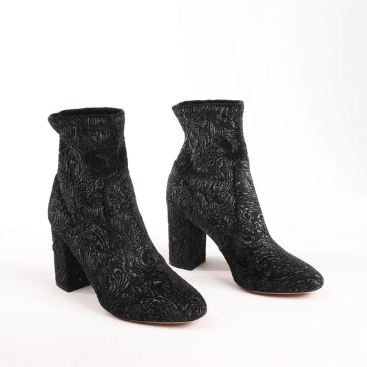 AQUAZZURA Heeled Velvet Ankle Sock Boots Tonal Baroque Tapestry in Black, Size 35.5 EU
