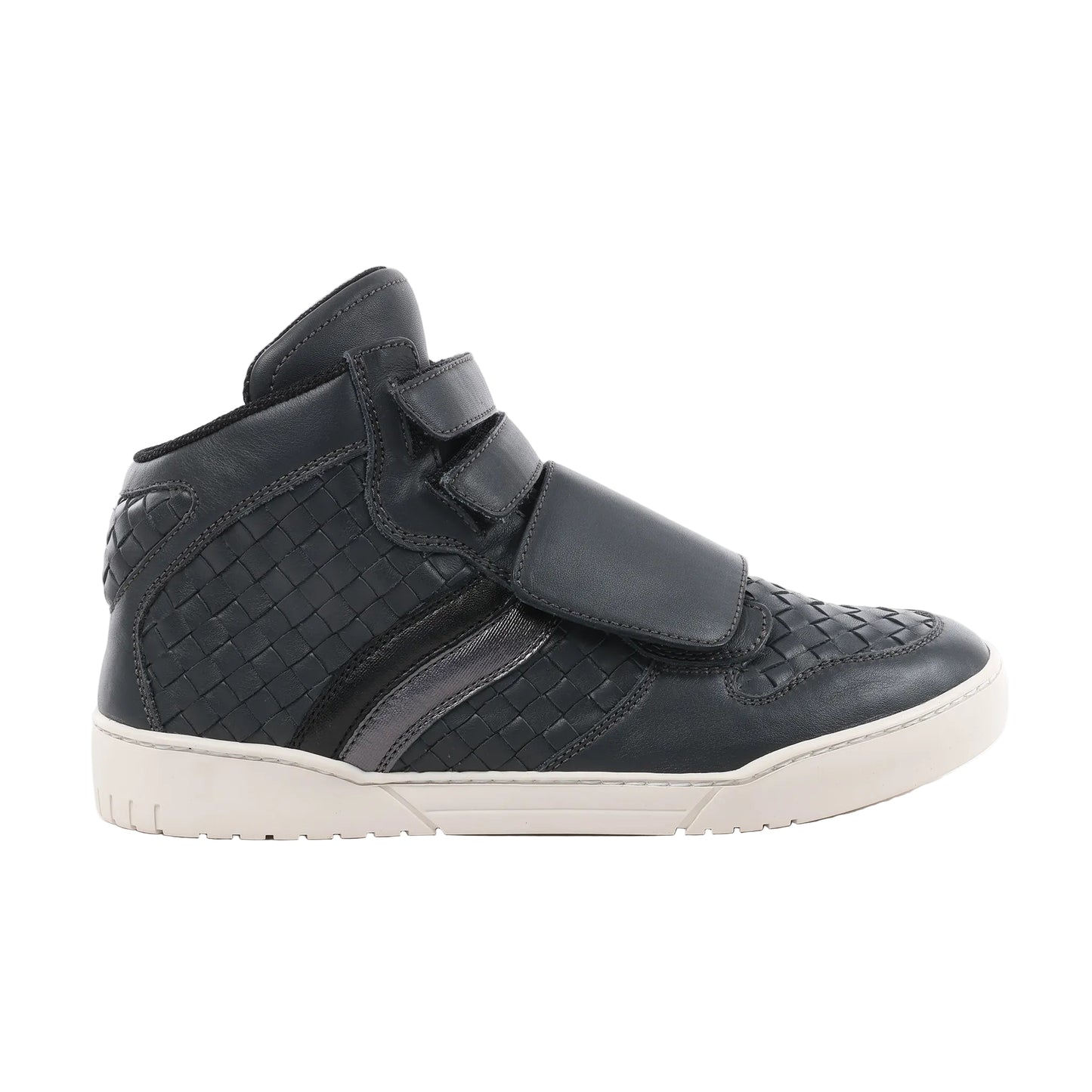 Side view of a navy blue Bottega Veneta Intrecciato leather high-top sneaker in size 43 EU, showcasing woven leather panels, dual velcro straps, glossy accent stripes, and a white rubber sole on a white background.