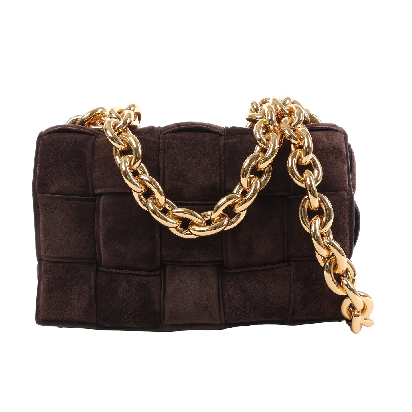 Bottega Veneta Padded Chain Cassette Maxi Intrecciato Suede Shoulder Bag in Brown