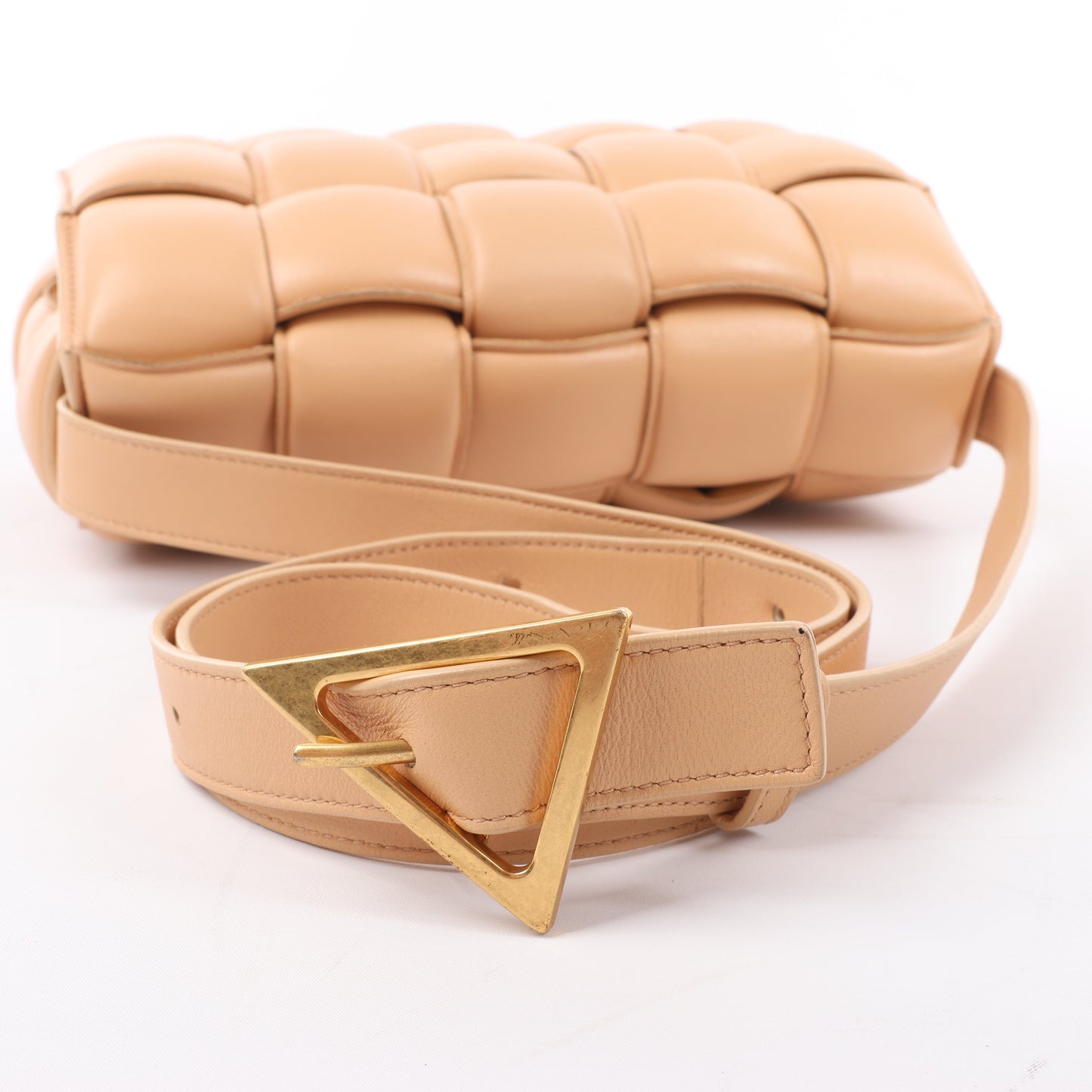 Bottega Veneta Padded Cassette Maxi Intrecciato Leather Shoulder Bag in Beige