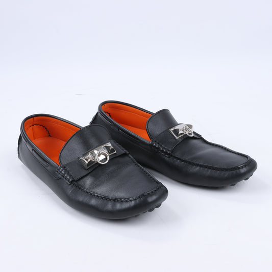 HERMES Irving Leather Driving Moccasins in Black Collier de Chien for Men, Size 42 EU