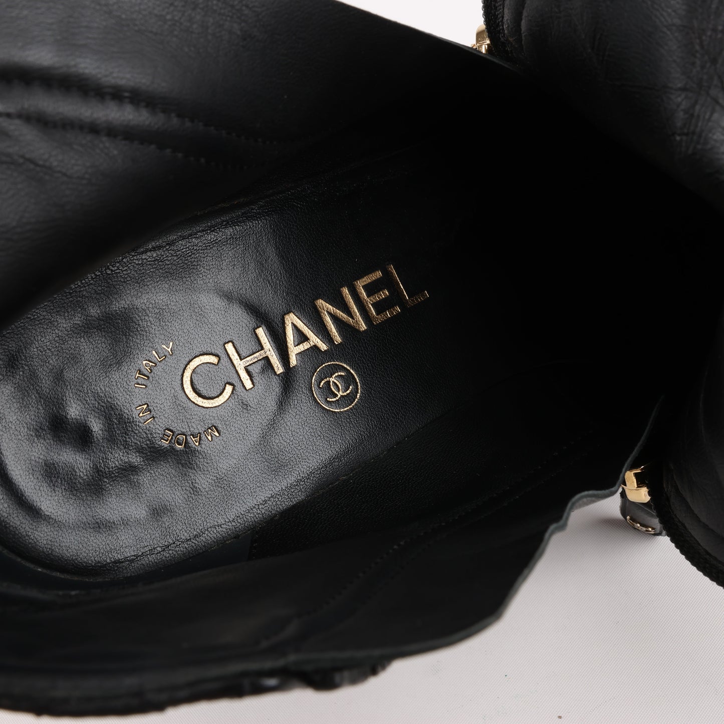CHANEL Coco Mark Matelasse Leather & Patent Short Boots in Black G33028, Size 38 EU