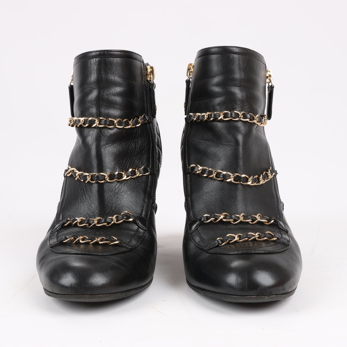 CHANEL Coco Mark Matelasse Leather & Patent Short Boots in Black G33028, Size 38 EU