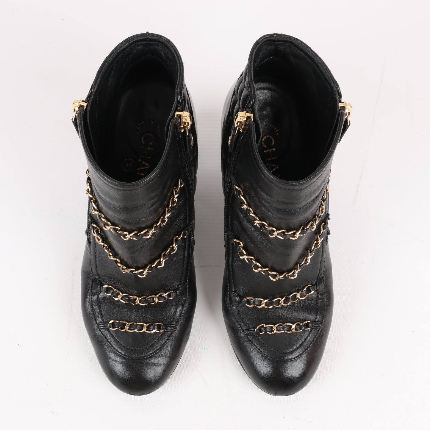 CHANEL Coco Mark Matelasse Leather & Patent Short Boots in Black G33028, Size 38 EU
