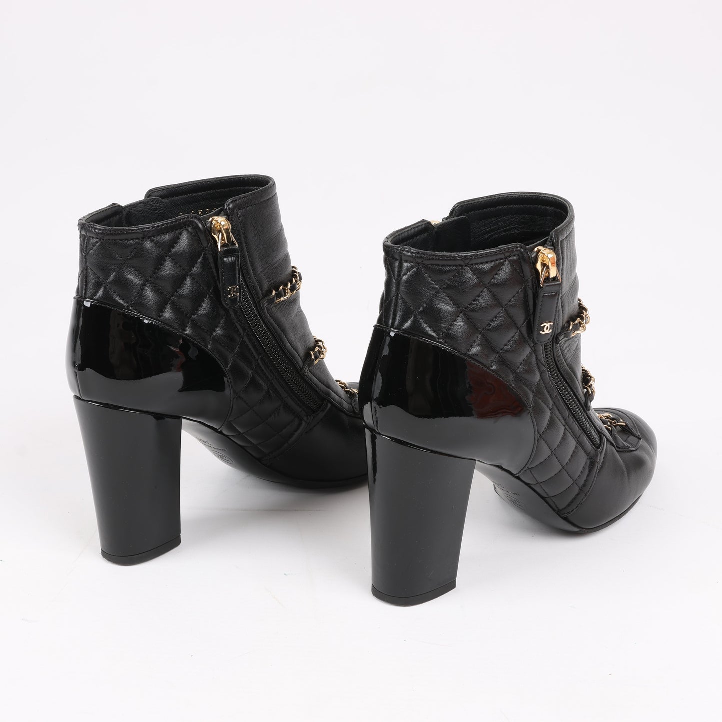 CHANEL Coco Mark Matelasse Leather & Patent Short Boots in Black G33028, Size 38 EU