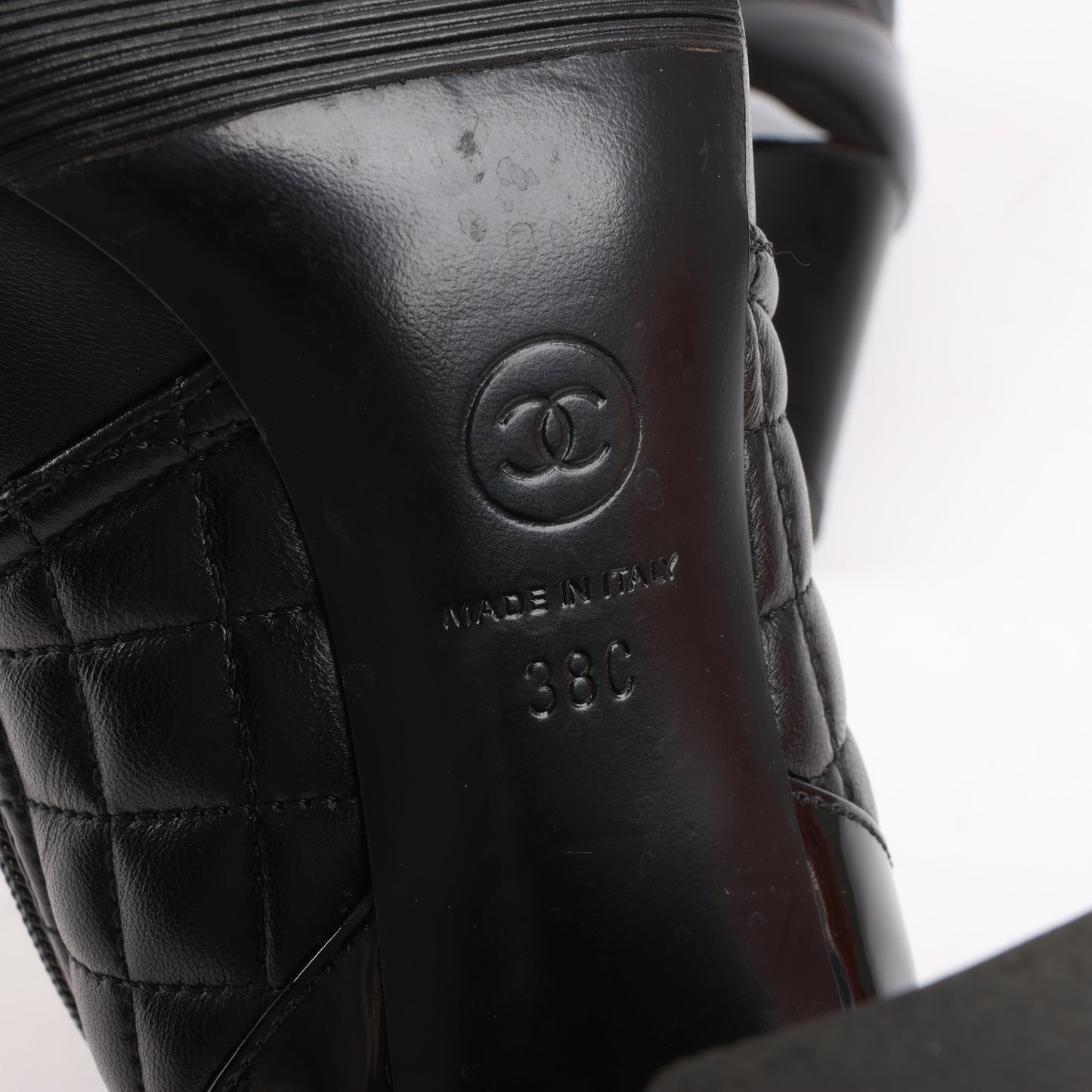 CHANEL Coco Mark Matelasse Leather & Patent Short Boots in Black G33028, Size 38 EU