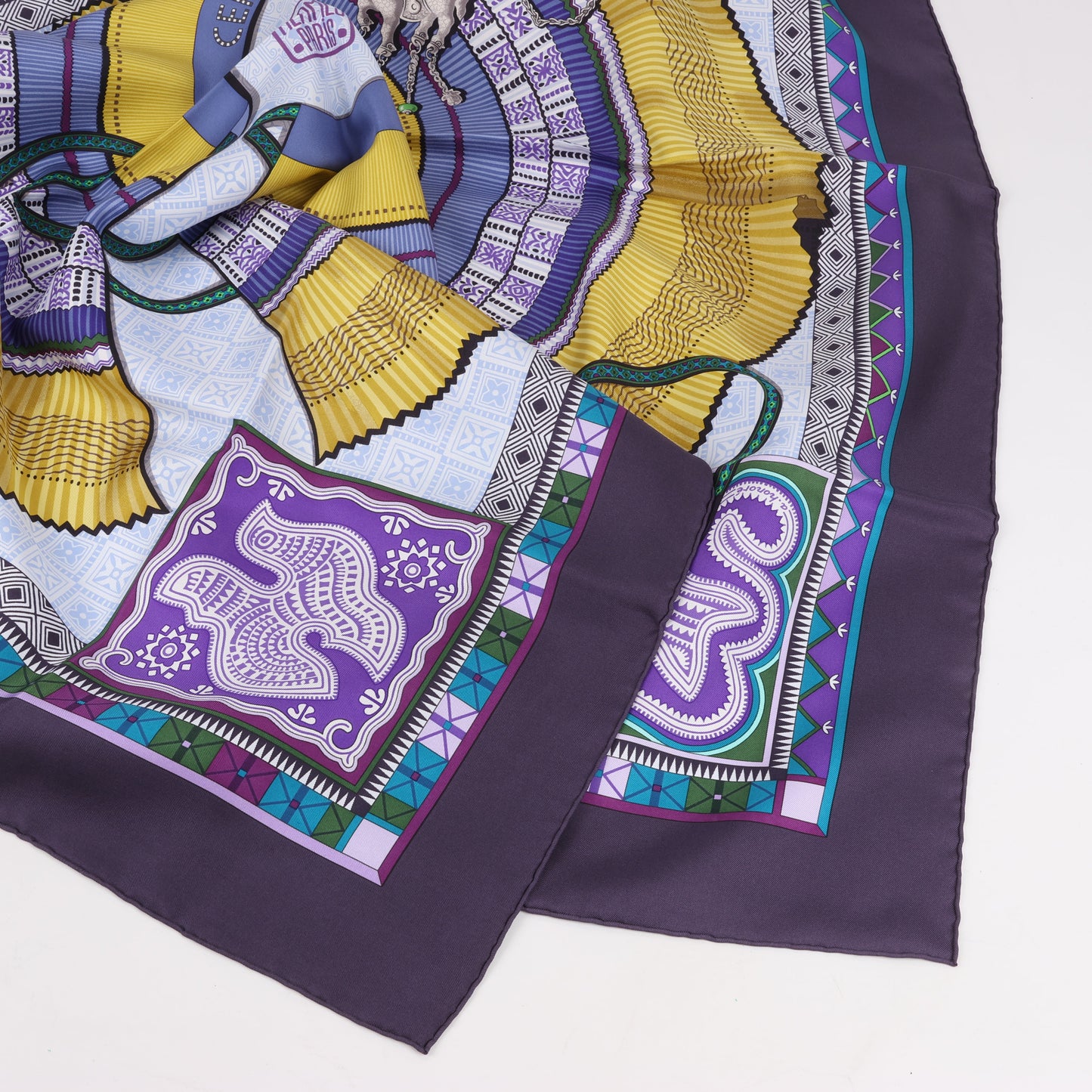 Hermès Carré 90 "CENT PLIS DES MIAO" 100% Silk Scarf in Purple