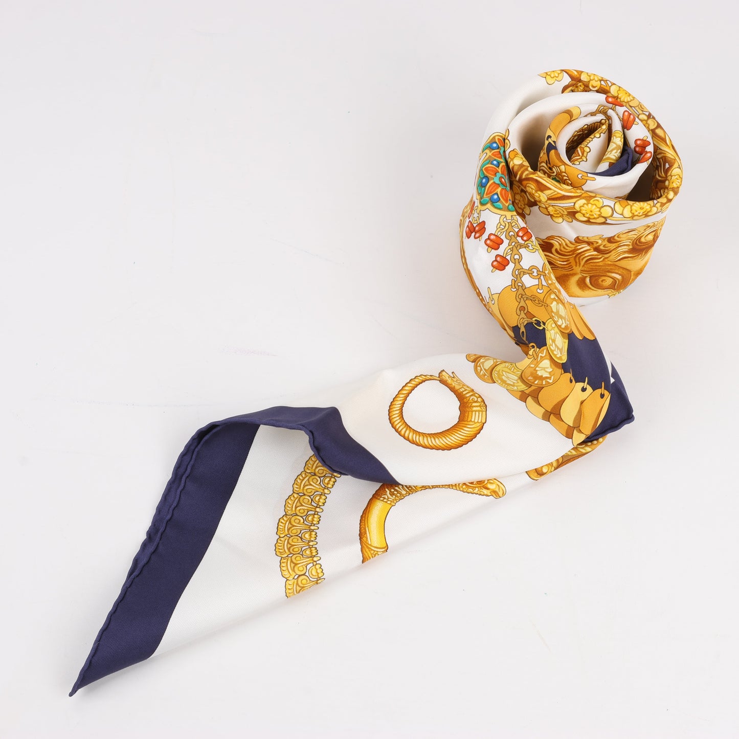 Hermès Carré 90 "KOSMIMA " 100% Silk Scarf in Navy x Beige