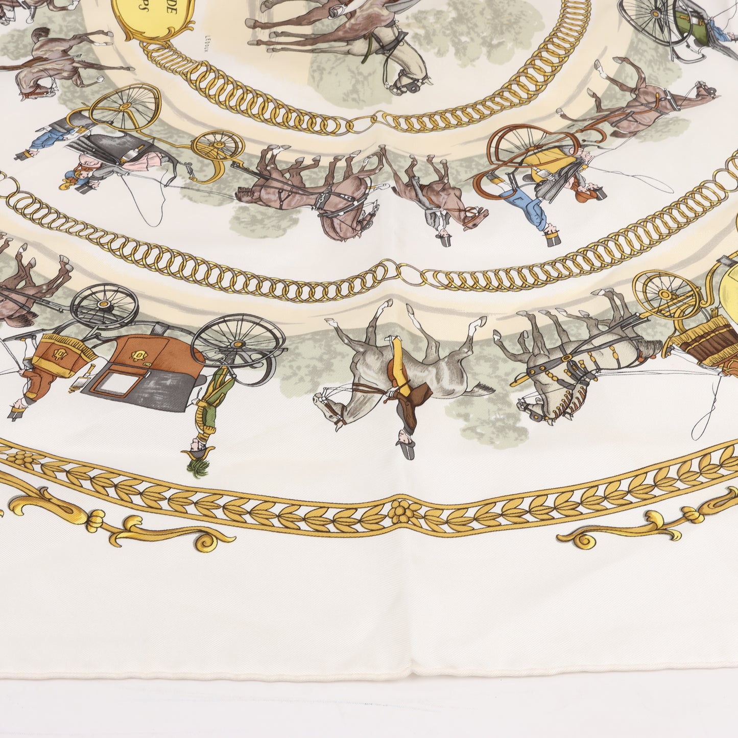 Hermès Carré 90 „LA PROMENADE DE LONGCHAMPS“ Schal aus 100 % Seide in Ecru