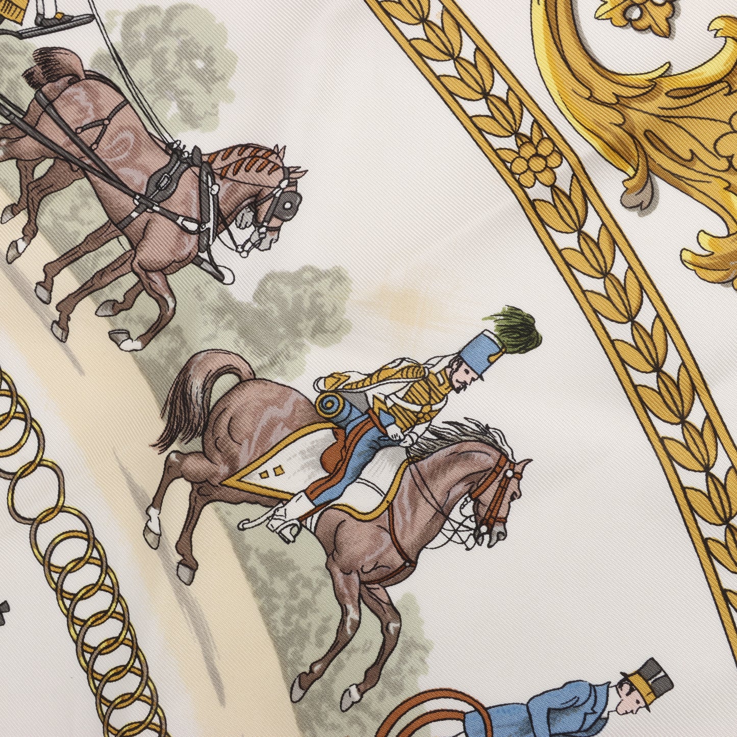 Hermès Carré 90 „LA PROMENADE DE LONGCHAMPS“ Schal aus 100 % Seide in Ecru