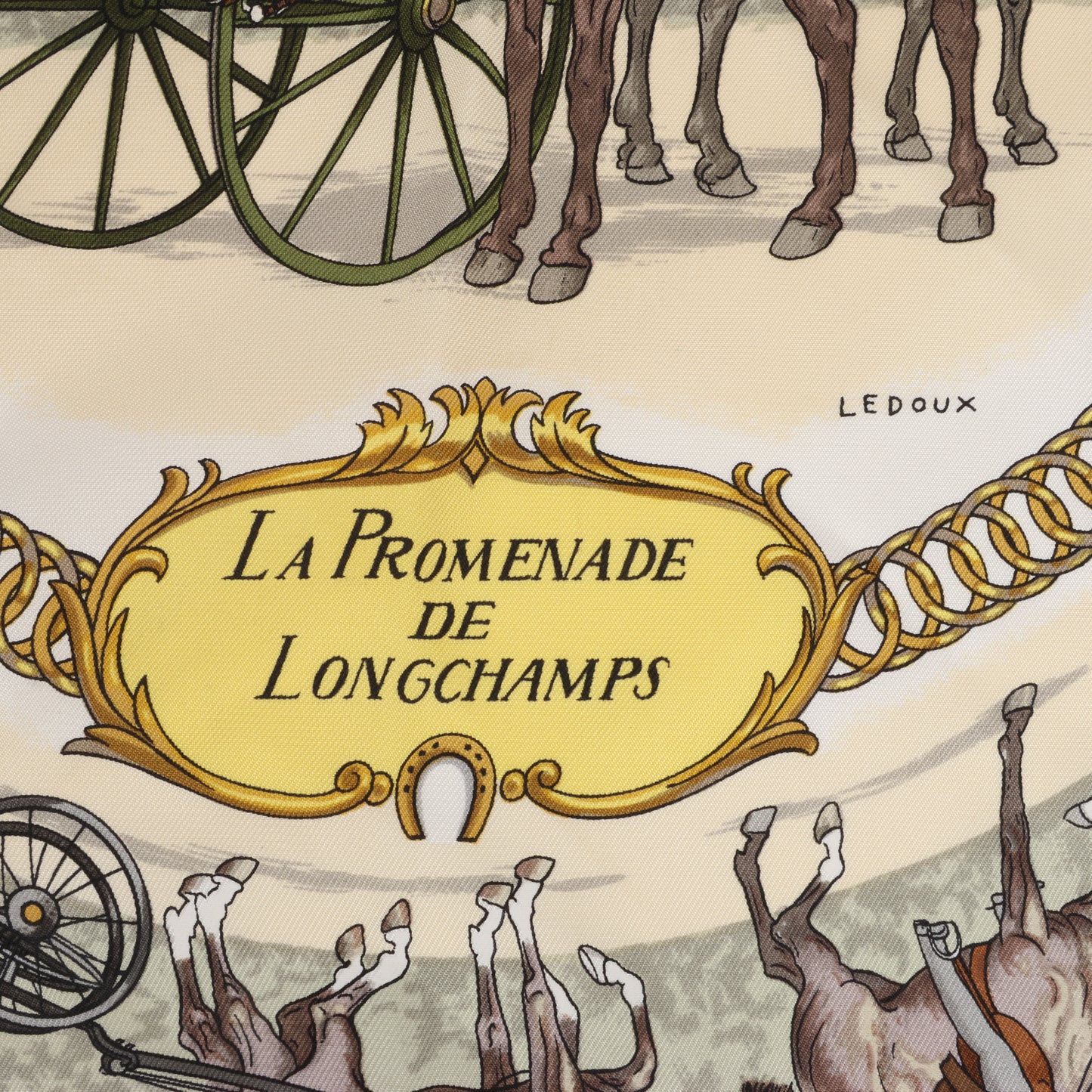 Hermès Carré 90 „LA PROMENADE DE LONGCHAMPS“ Schal aus 100 % Seide in Ecru