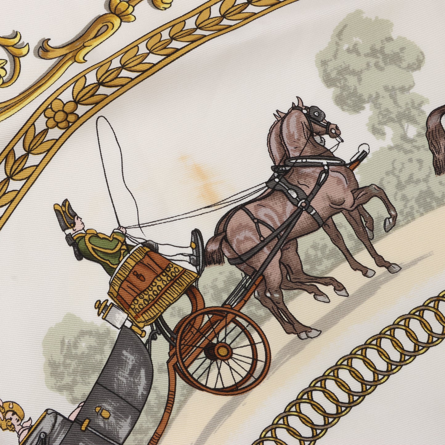 Hermès Carré 90 „LA PROMENADE DE LONGCHAMPS“ Schal aus 100 % Seide in Ecru