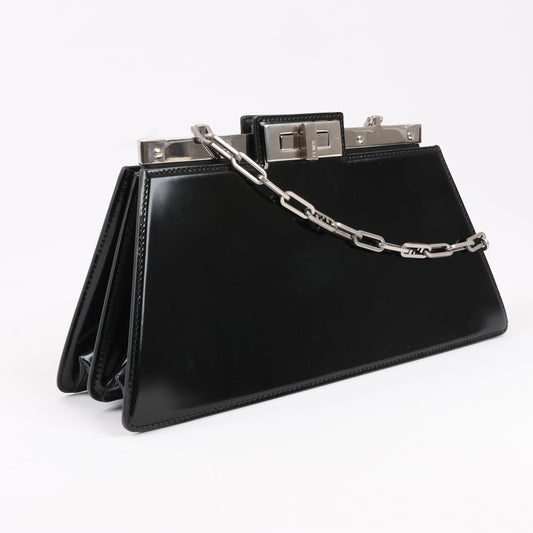 Fendi Peekaboo Cuts Patent Leather Chain Shoulder Bag in Black 8BN340