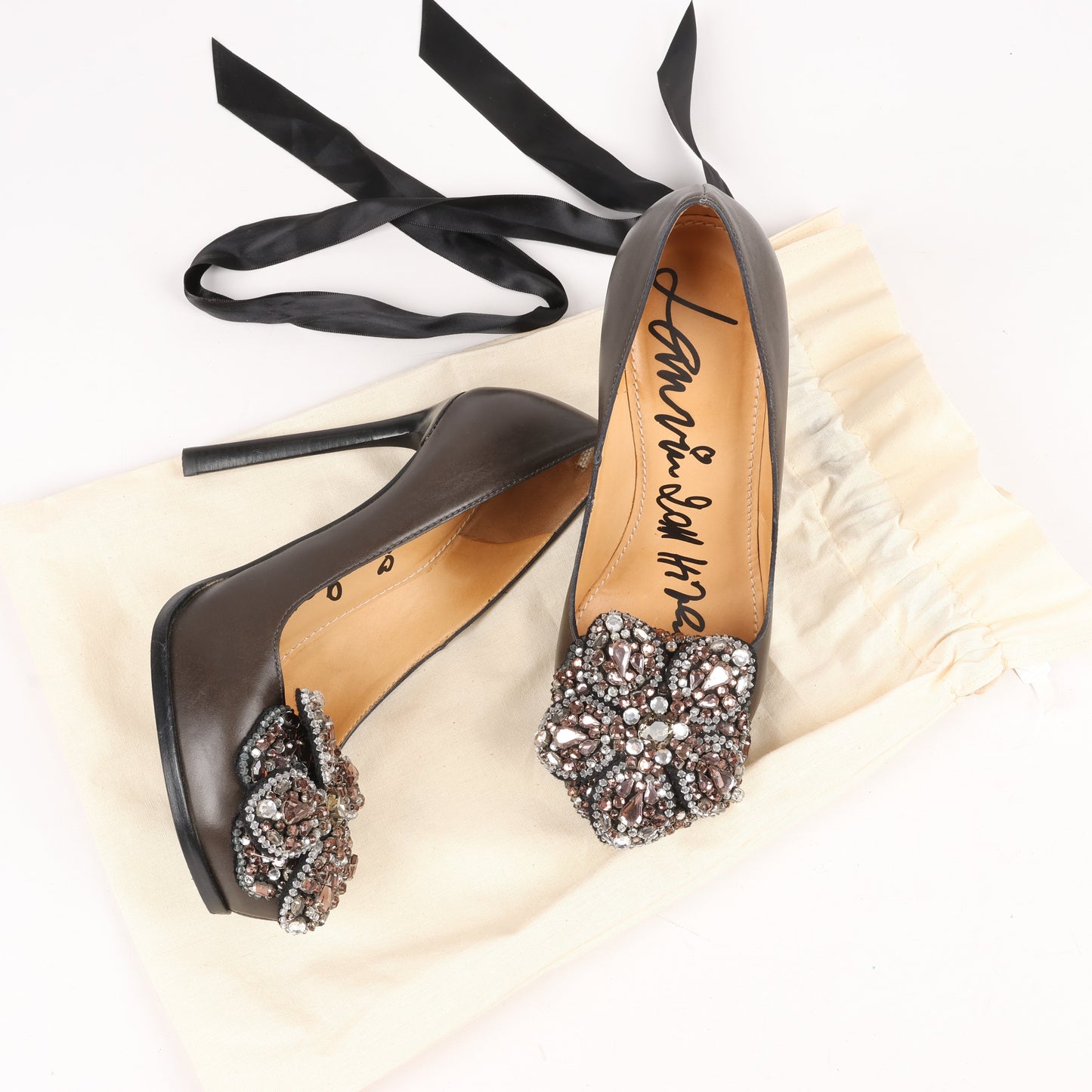 Lanvin Paris Platform Leather Jewel Embellished Heels in Gray Size 37.5