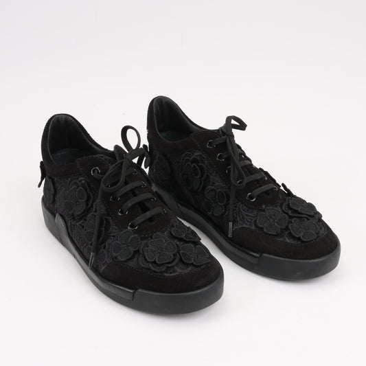 CHANEL Camelia Lace x Suede Sneakers in Black G34815, Size 37
