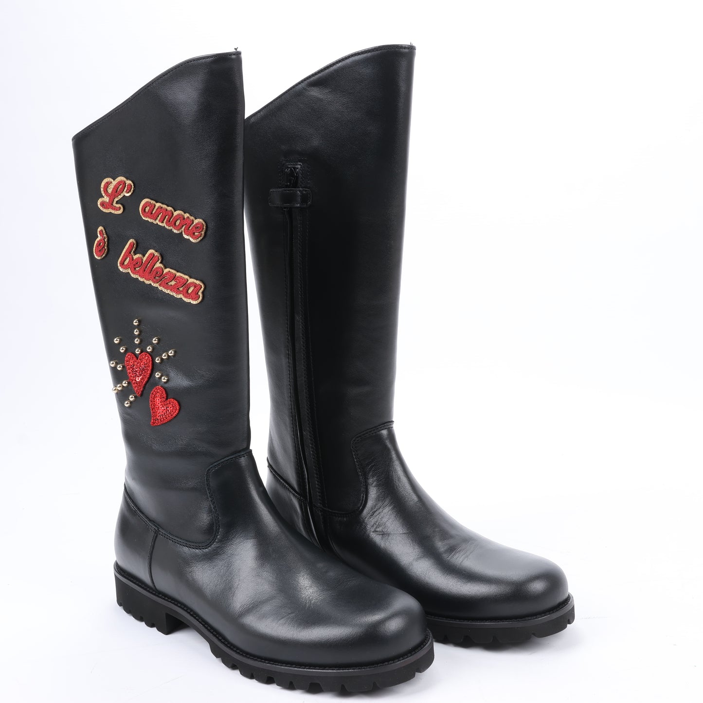 Bottes en cuir Dolce & Gabbana noires et rouges avec patch à paillettes, taille 37 EU