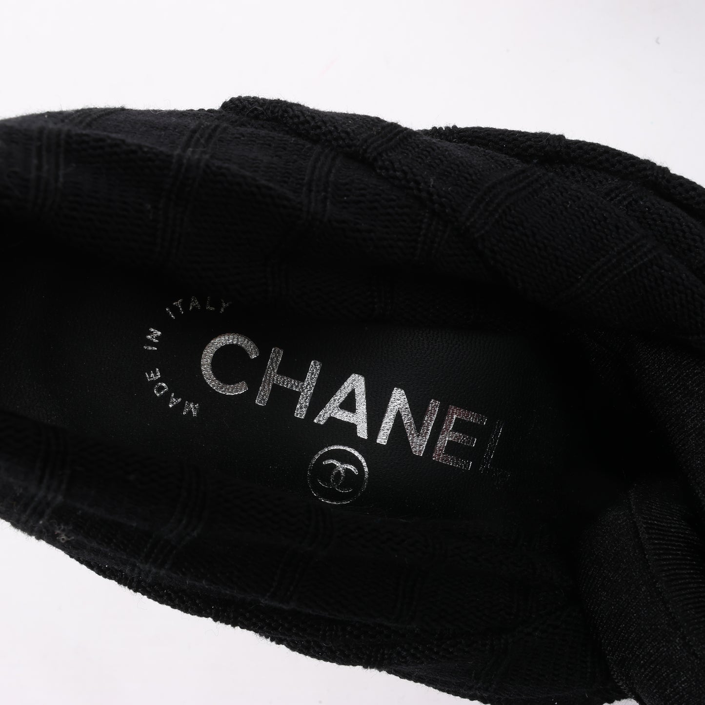Chanel Coco Mark Patent Leather Pumps Knitted Socks Docking in Black, Size 38 EU