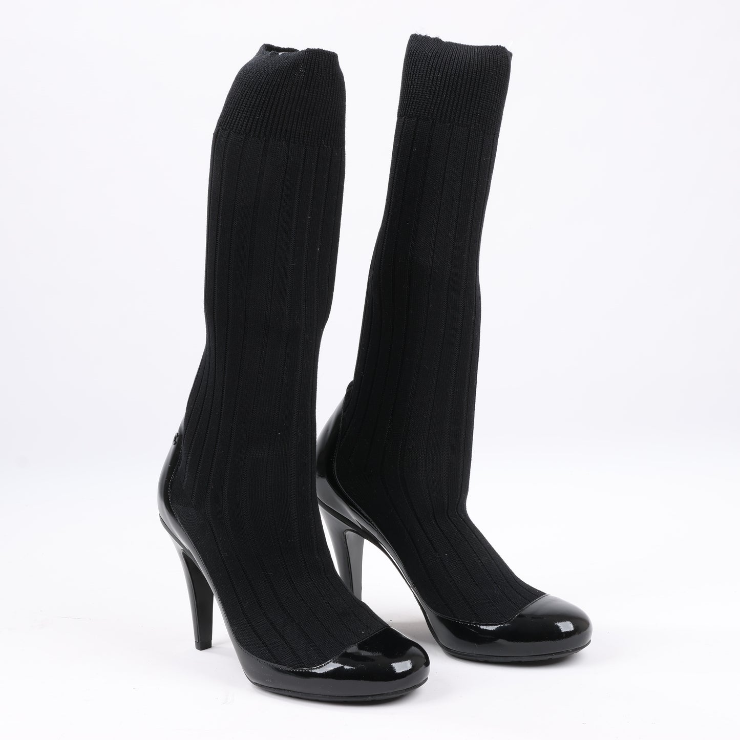 Chanel Coco Mark Patent Leather Pumps Knitted Socks Docking in Black, Size 38 EU