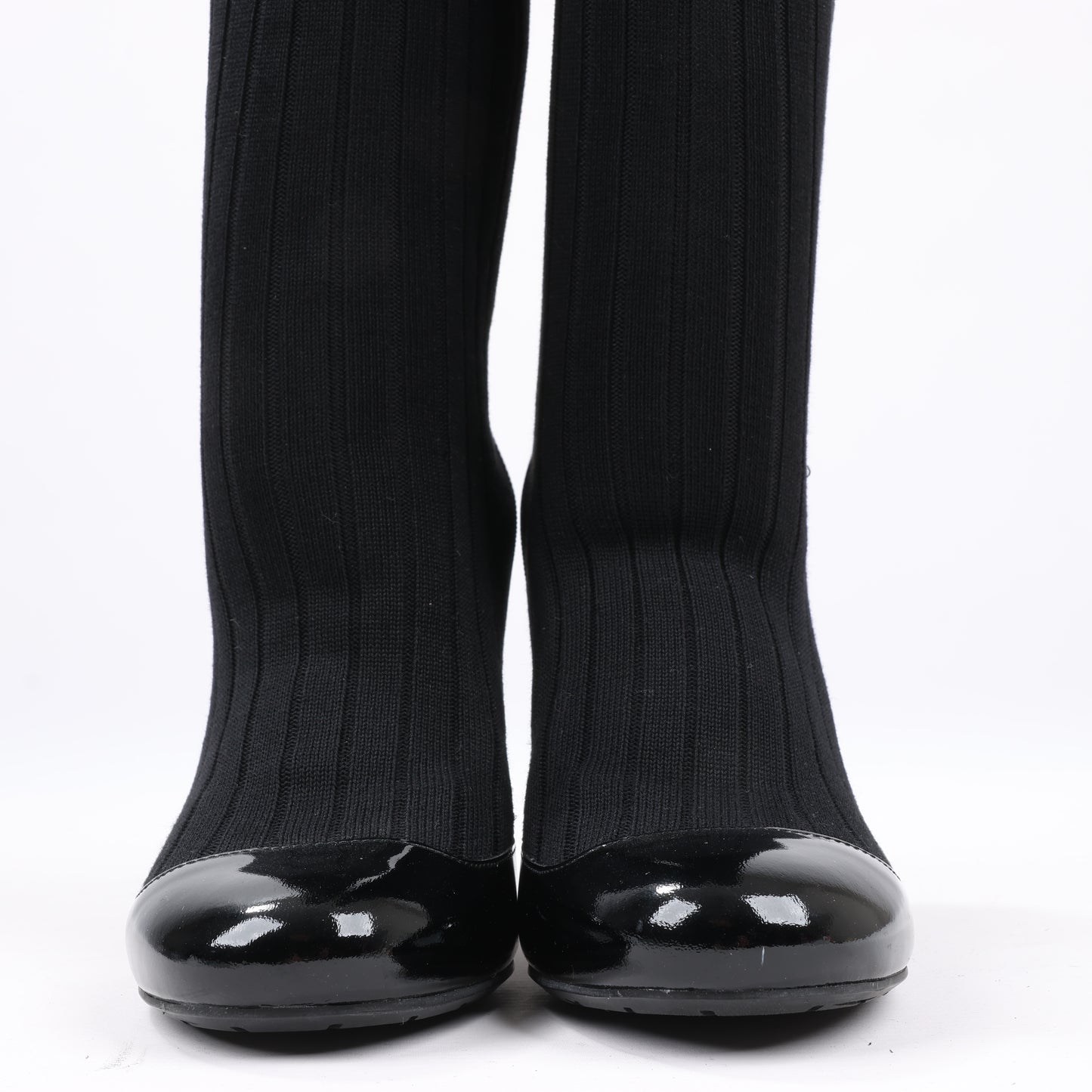 Chanel Coco Mark Patent Leather Pumps Knitted Socks Docking in Black, Size 38 EU