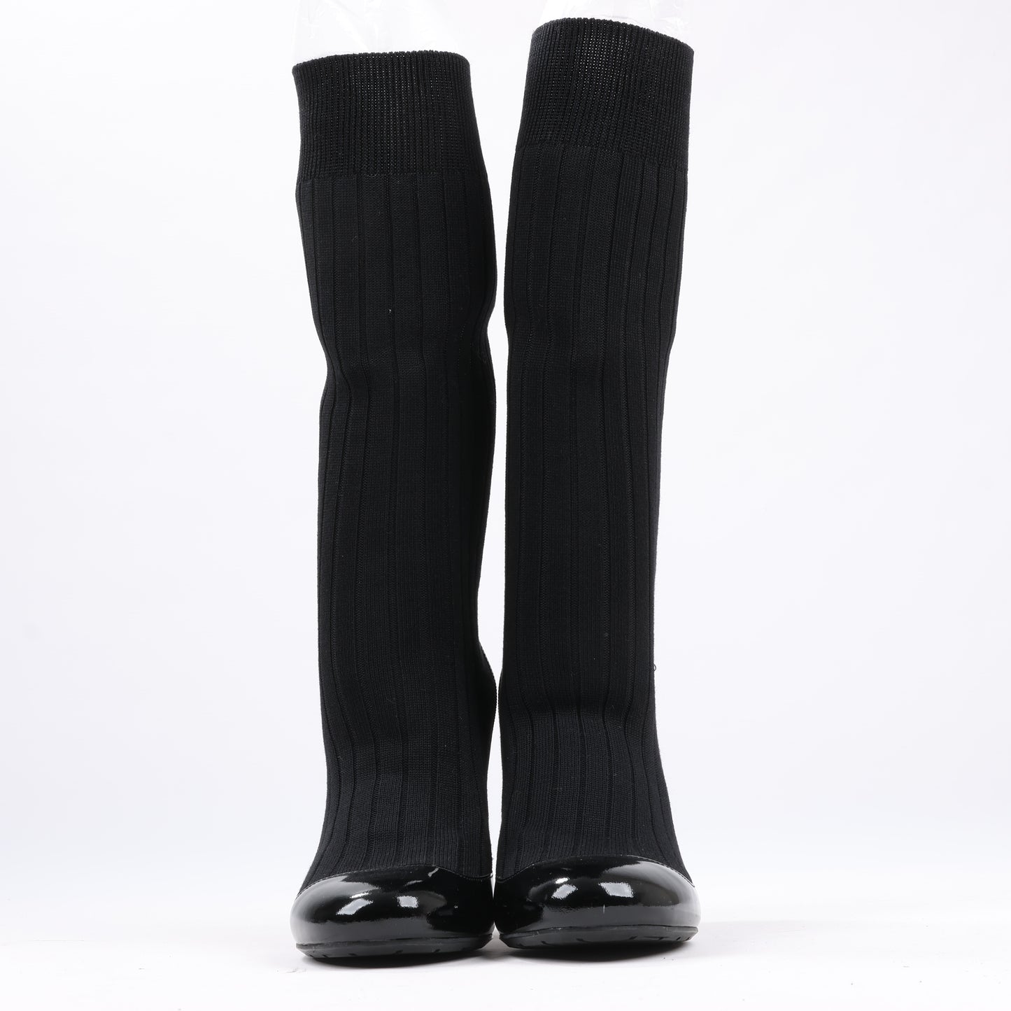 Chanel Coco Mark Patent Leather Pumps Knitted Socks Docking in Black, Size 38 EU