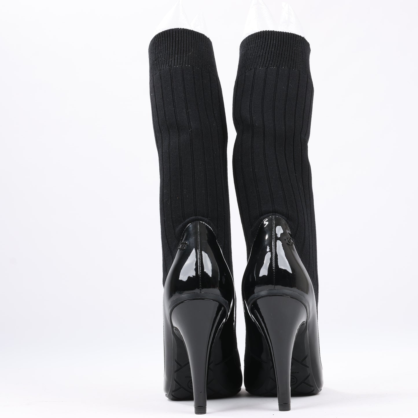 Chanel Coco Mark Patent Leather Pumps Knitted Socks Docking in Black, Size 38 EU