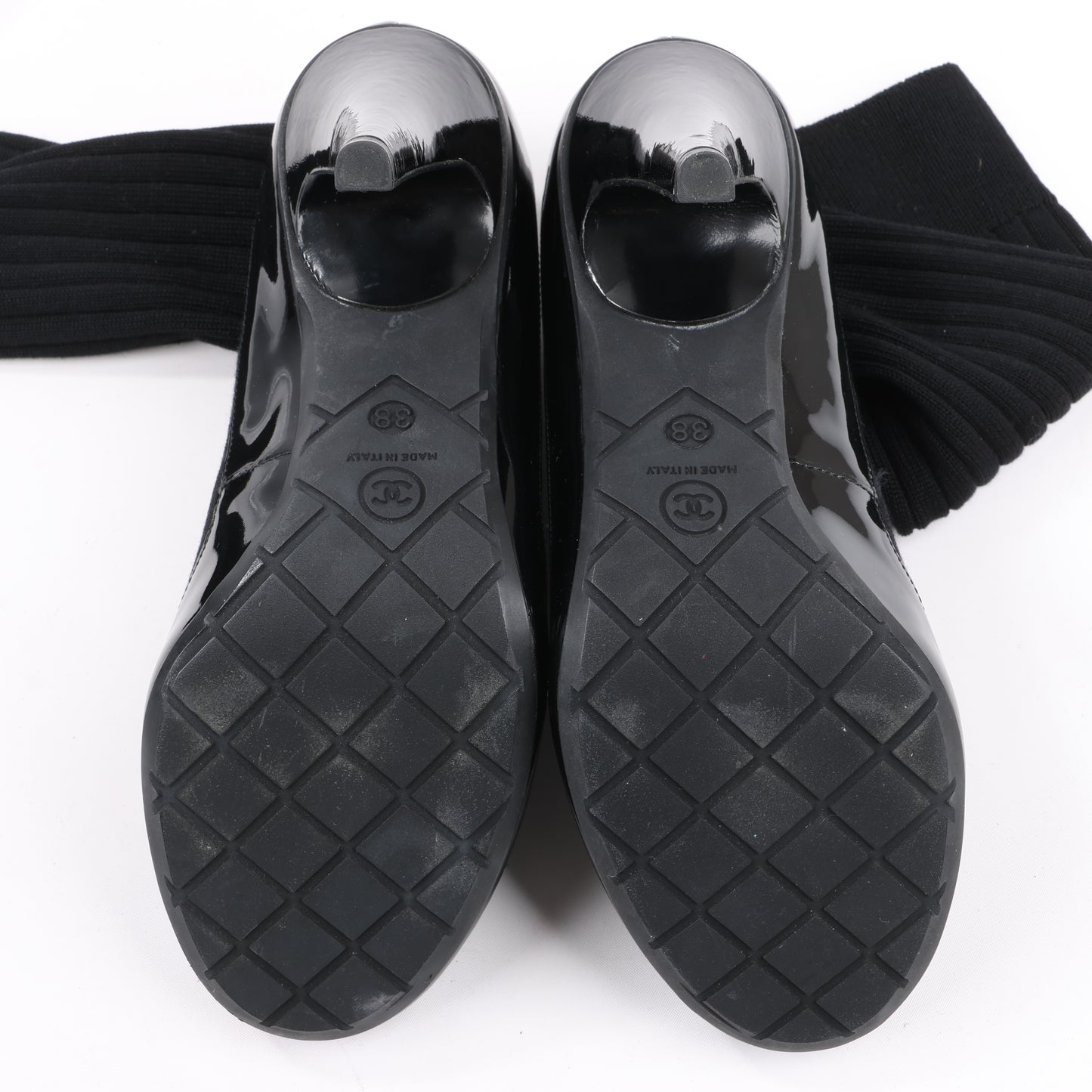 Chanel Coco Mark Patent Leather Pumps Knitted Socks Docking in Black, Size 38 EU