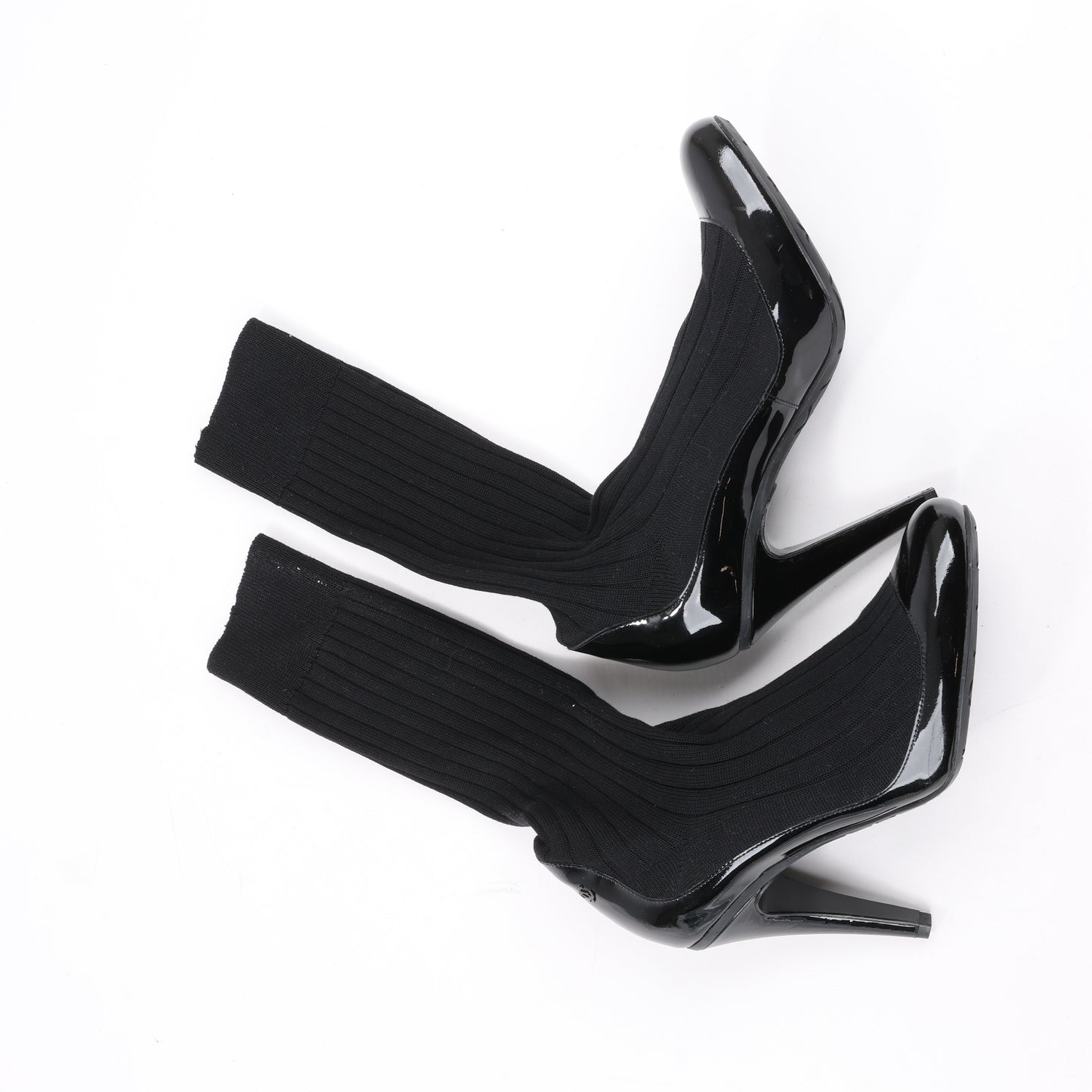 Chanel Coco Mark Patent Leather Pumps Knitted Socks Docking in Black, Size 38 EU