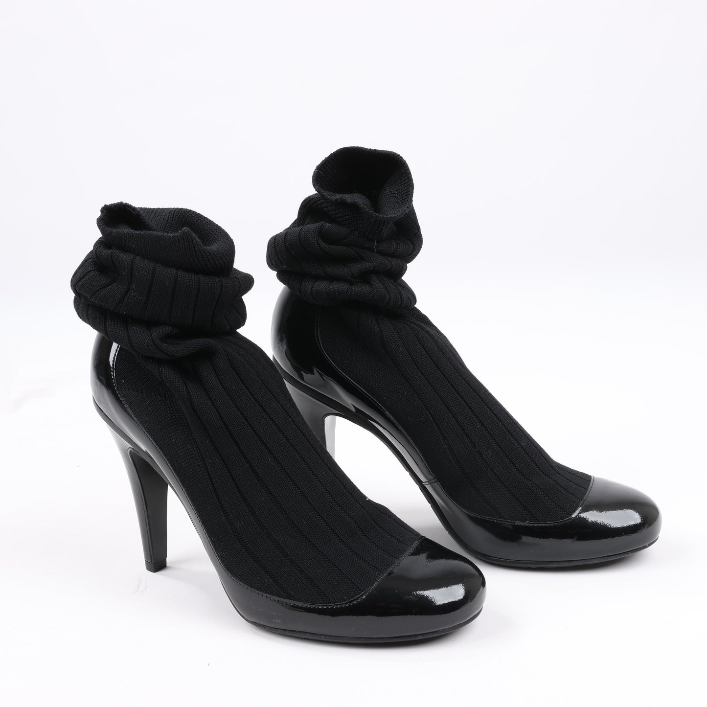 Chanel Coco Mark Patent Leather Pumps Knitted Socks Docking in Black, Size 38 EU