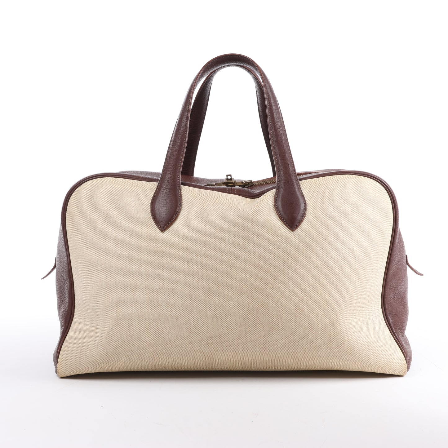HERMES Victoria 43 Taurillon x Toile Travel Bag in Brown x Beige