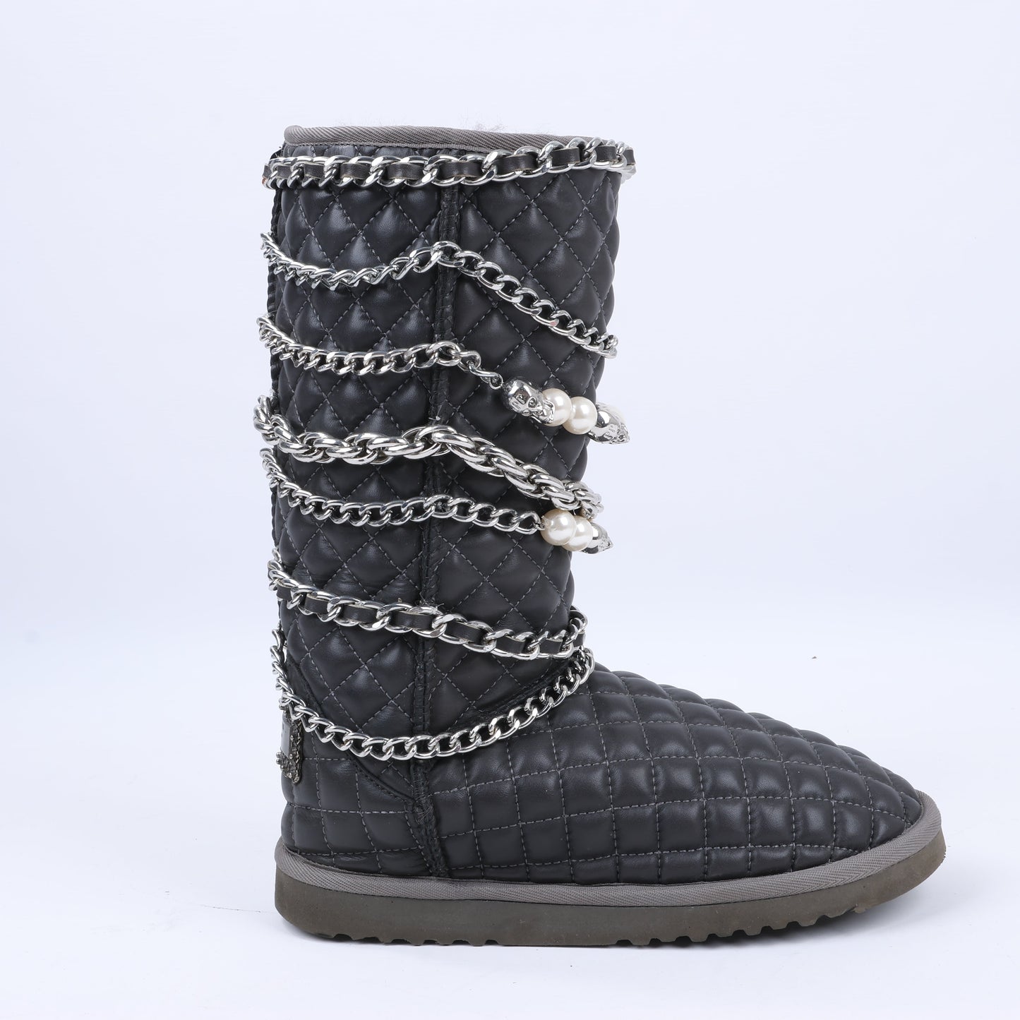 Philipp Plein Leather Ankle Boots Silver Metal Accessories with Skull Chains, Size 37 EU