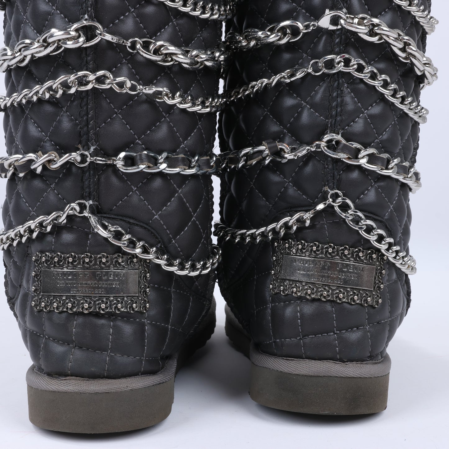 Philipp Plein Lederstiefeletten, Silberfarbene Metall-Accessoires mit Totenkopfketten, Größe 37 EU