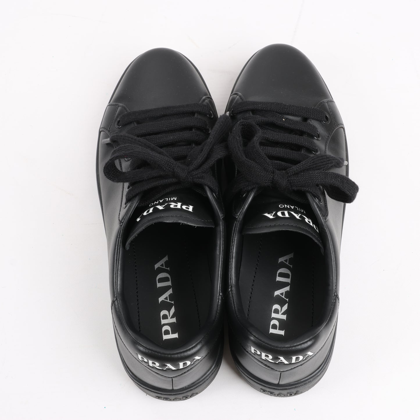 PRADA Logo Leather Sneakers in Black × White 1E282N, Size 37.5 EU