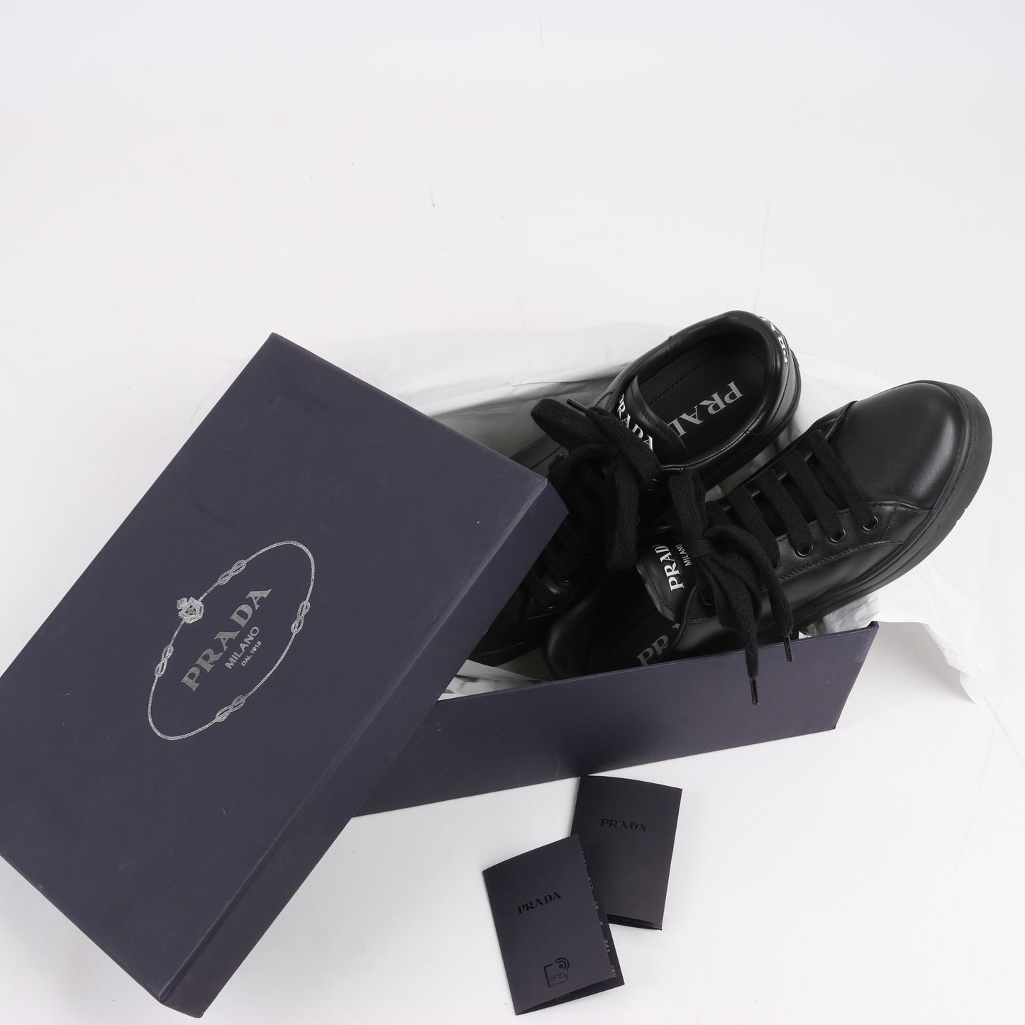 PRADA Logo Leather Sneakers in Black × White 1E282N, Size 37.5 EU