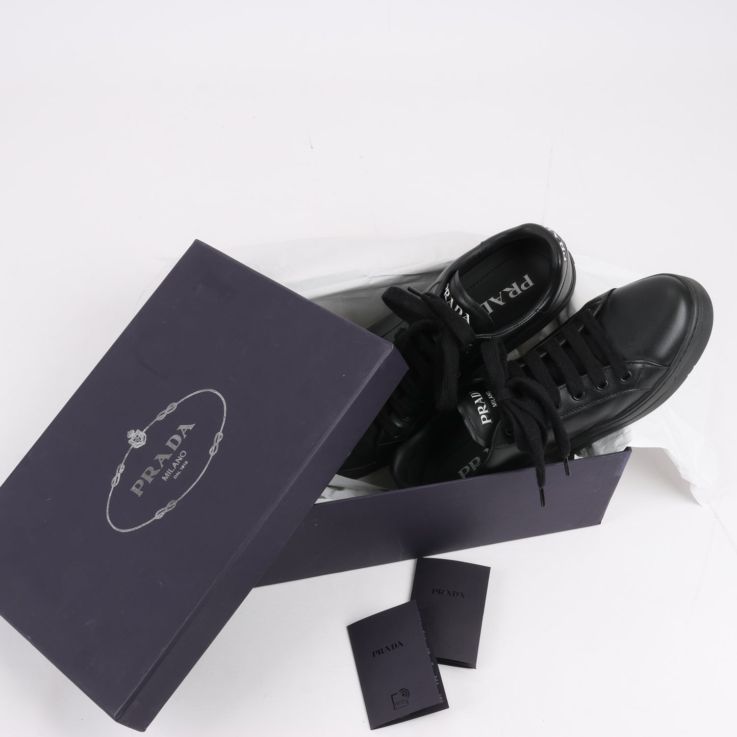 PRADA Logo Leather Sneakers in Black × White 1E282N, Size 37.5 EU