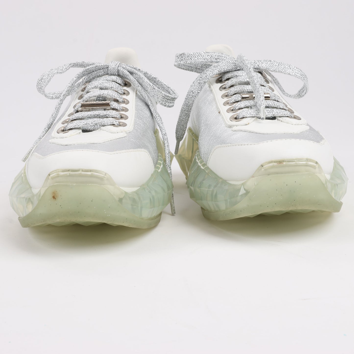 Jimmy Choo Diamond Leather Sneakers in White x Silver, Size 38 EU