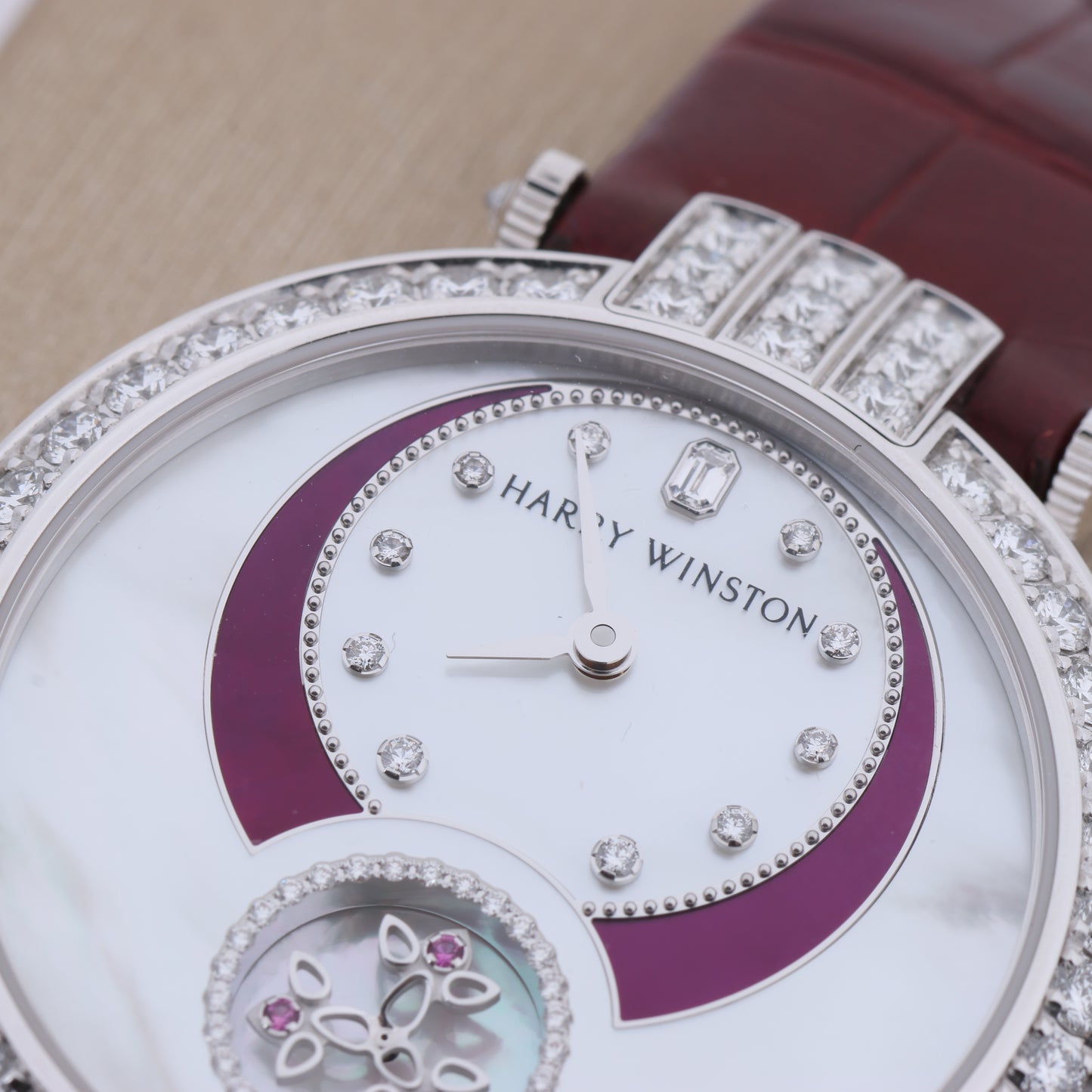 Montre Harry Winston Premier Diamond Second PRNASS36WW001 en cuir de crocodile x WG AT, cadran nacre, 36 mm
