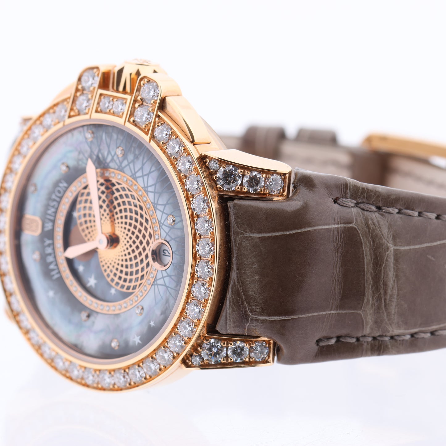 Harry Winston Ocean Moon Phase OCEQMP36RR026 Krokodilleder x RG QZ MOP Zifferblatt 36mm Uhr