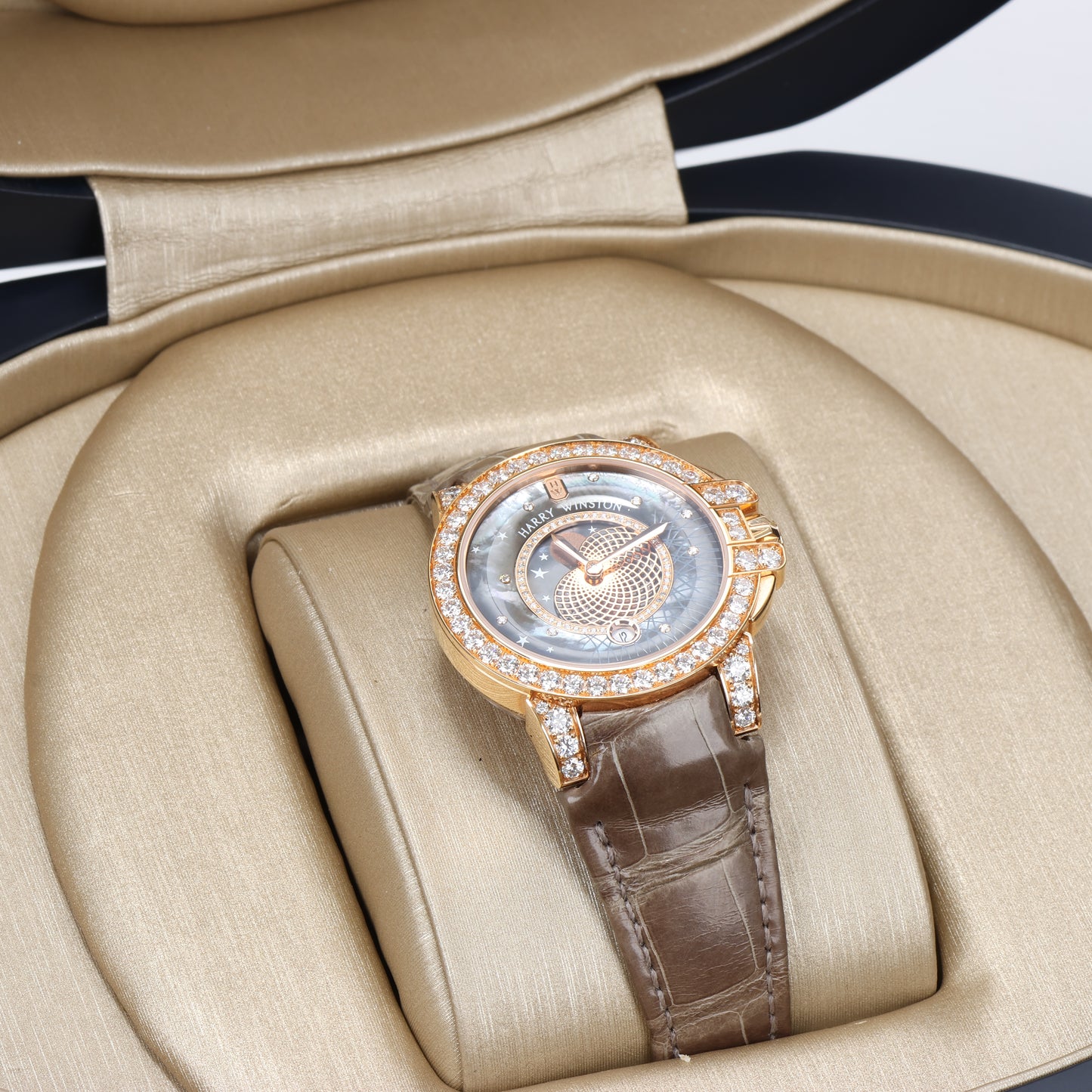 Harry Winston Ocean Moon Phase OCEQMP36RR026 Krokodilleder x RG QZ MOP Zifferblatt 36mm Uhr