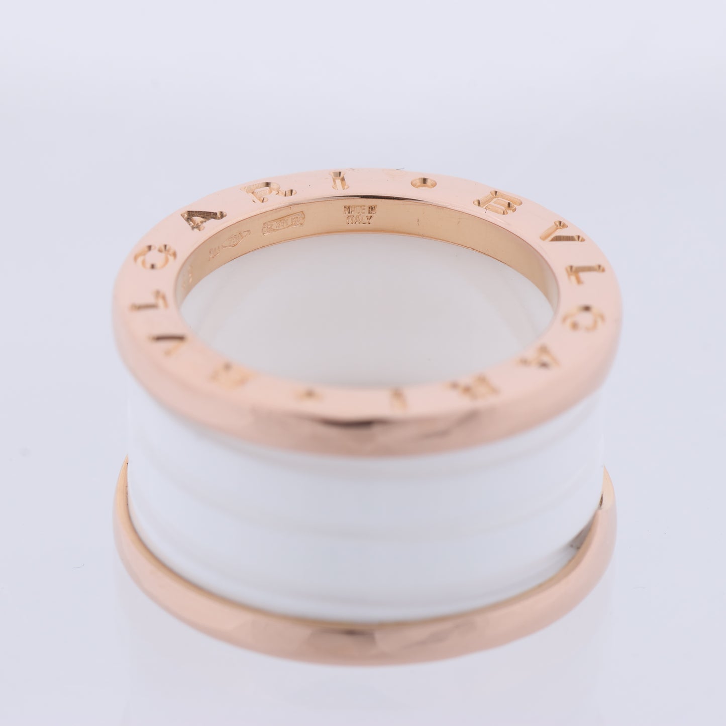 Bvlgari B.Zero1 Ring in 750 Pink Gold and White Ceramic (9.4g, Size 49)