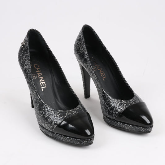 Chanel Coco Mark Leather Heels Black × Silver G29571, Size 36 EU