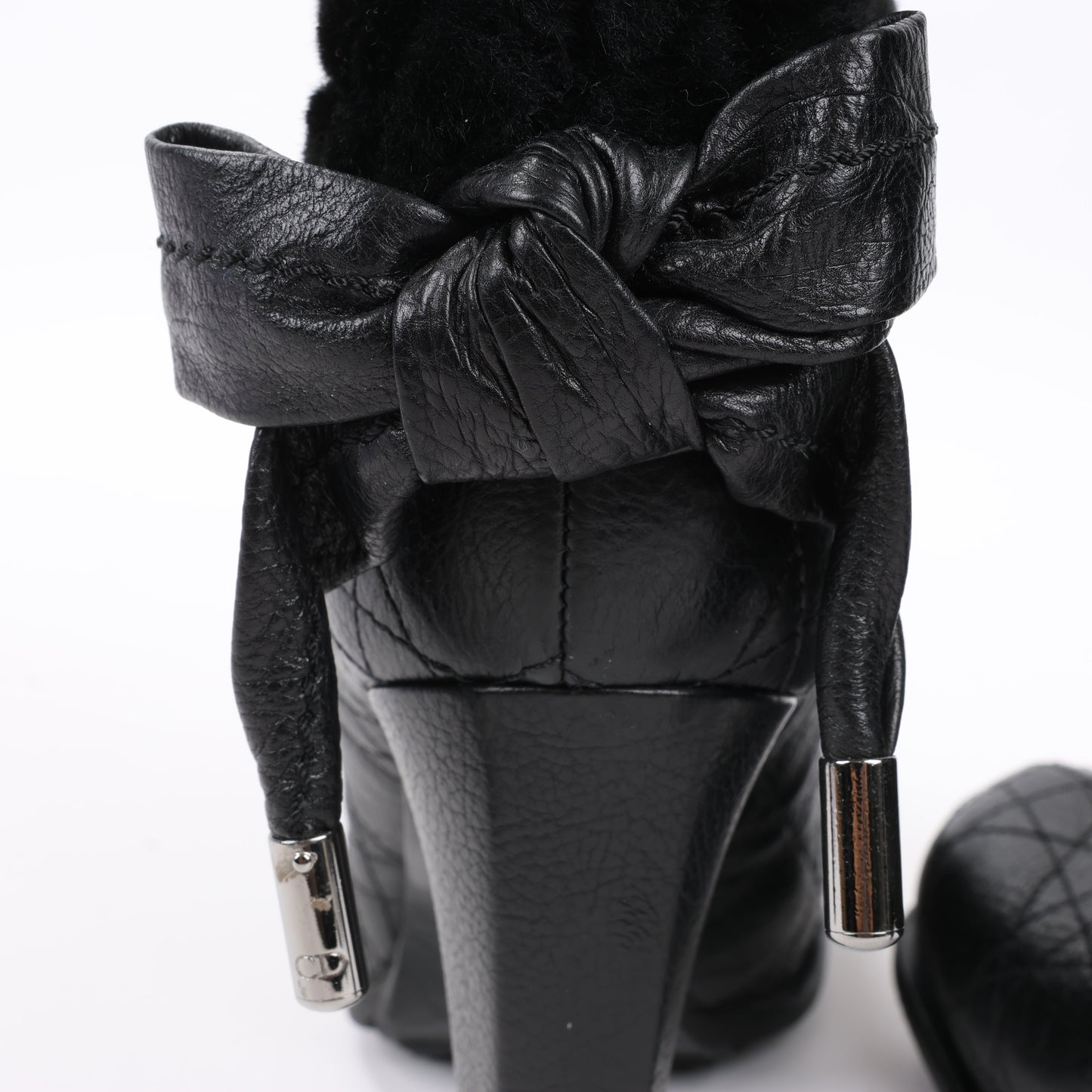 Dior Black Leather Cannage Ice Fur Cuffed Boots, Size 40 EU
