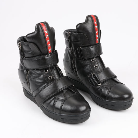 PRADA Sport Leder-Sneaker, hoch geschnitten, schwarz, 3TZ047, Größe 36,5 EU