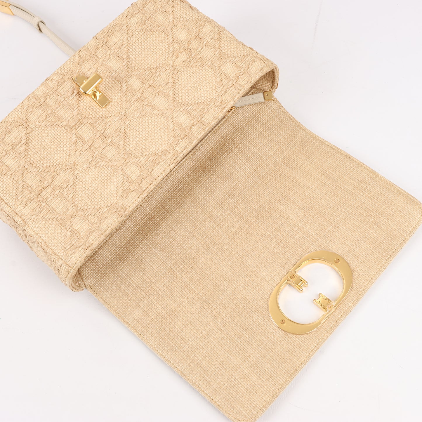 Sac à bandoulière moyen Christian Dior Caro en raphia et cuir beige