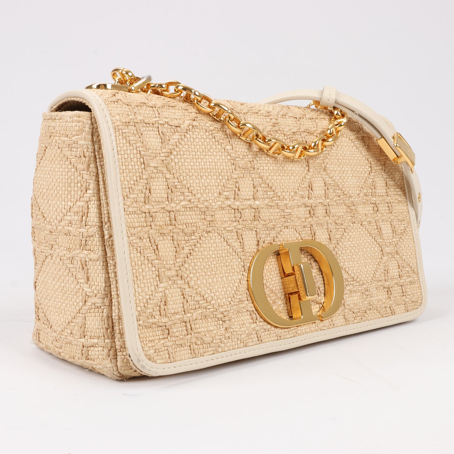 Sac à bandoulière moyen Christian Dior Caro en raphia et cuir beige