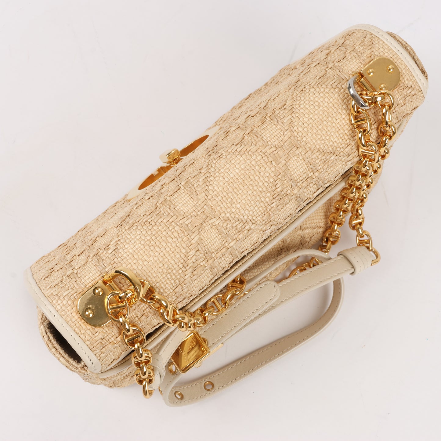 Sac à bandoulière moyen Christian Dior Caro en raphia et cuir beige