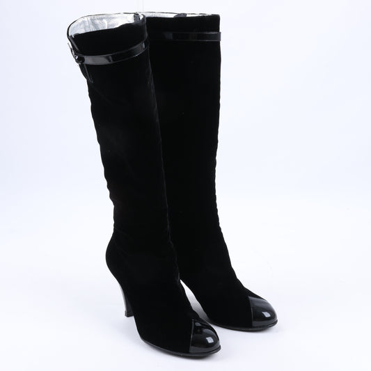 Chanel Coco Mark Velour Long Boots in Black, Size 37.5 EU