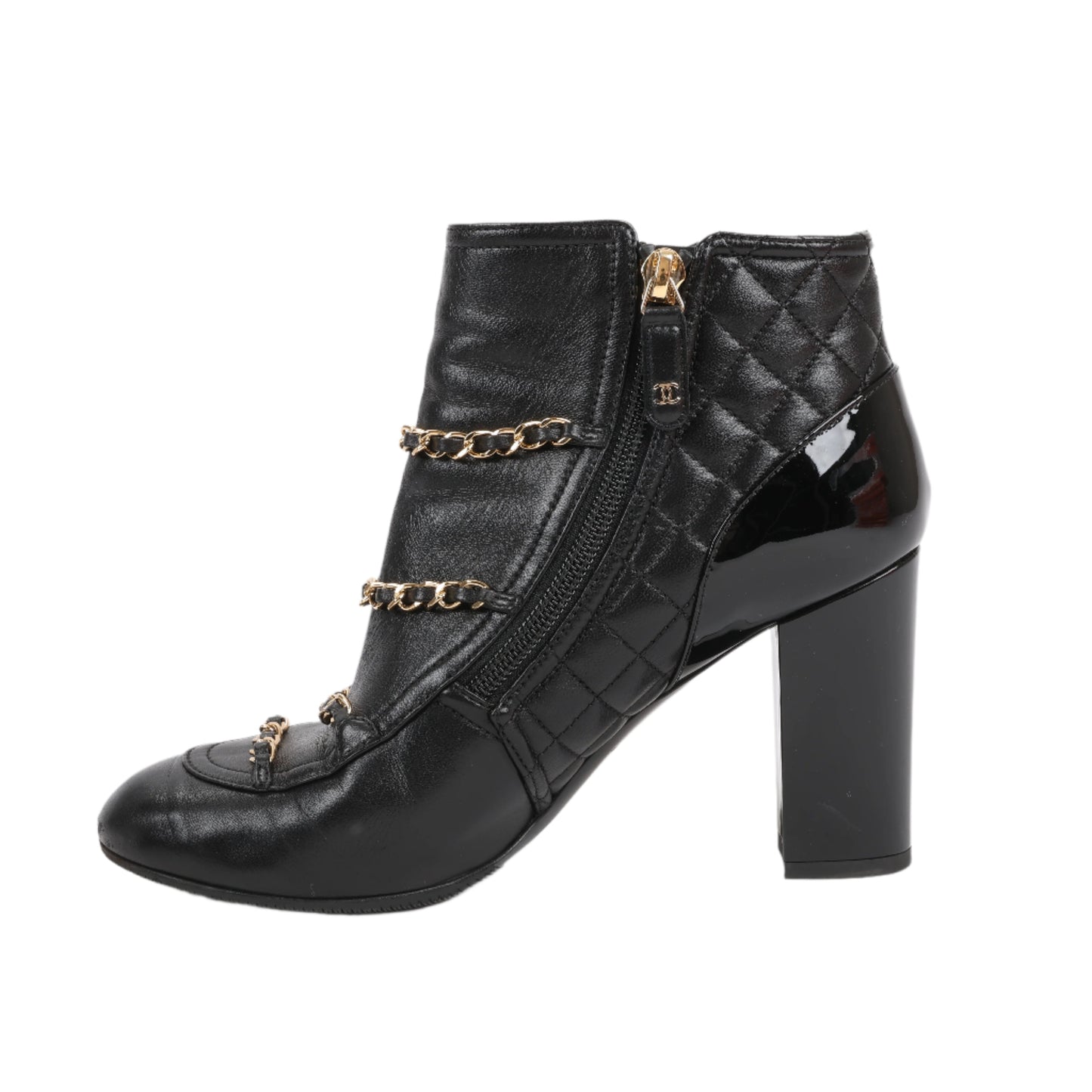 CHANEL Coco Mark Matelasse Leather & Patent Short Boots in Black G33028, Size 38 EU