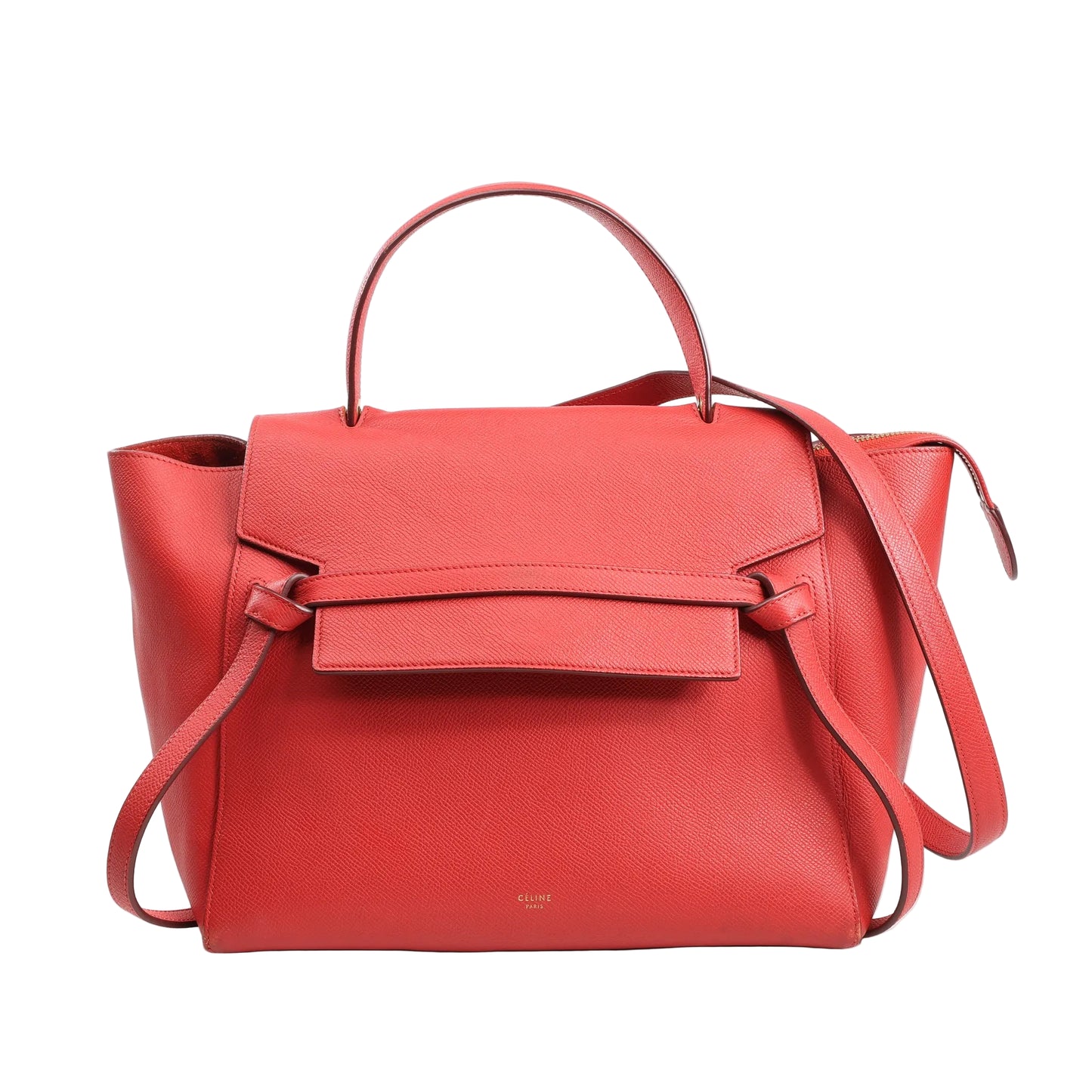 Celine Belt Bag Mini in red grained leather with a structured top handle, front flap with signature knotted belt design, and detachable shoulder strap, set against a white background.