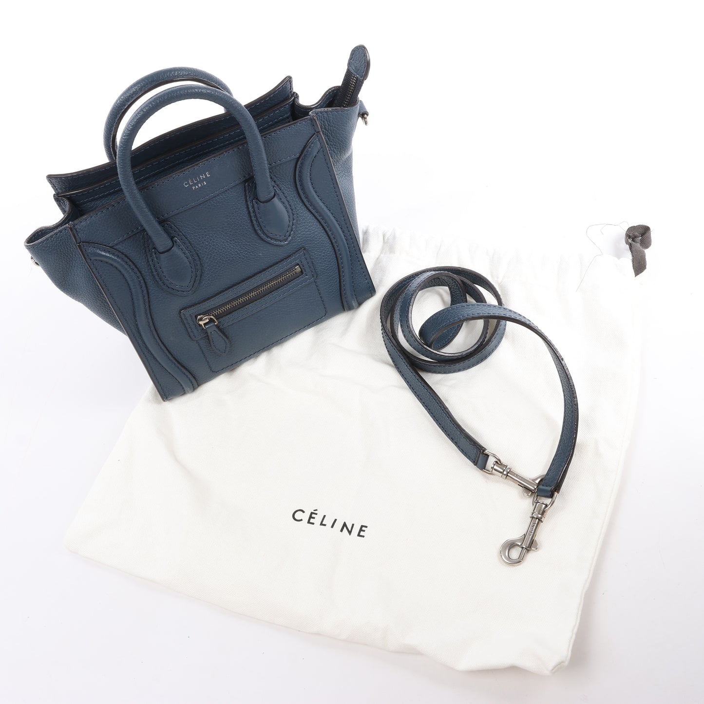 Sac à main double usage en cuir CELINE Nano Luggage bleu marine