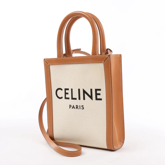 Celine Vertical Mini Hippopotamus Canvas x Leather 2Way Handbag Beige x Brown